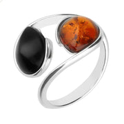 Sterling Silver Whitby Jet Amber Two Stone Pear Twist Ring R1168