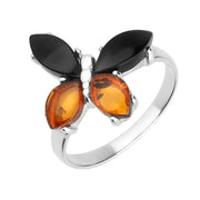 Sterling Silver Whitby Jet Amber Small Butterfly Ring R1169