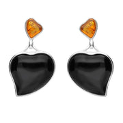 Sterling Silver Whitby Jet Amber Two Stone Heart Drop Stud Earrings E2133