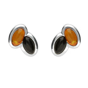 Sterling Silver Whitby Jet Amber Two Stone Stud Earrings, E2096.