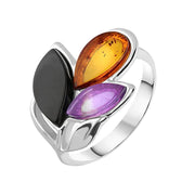 Sterling Silver Whitby Jet Amethyst Amber Three Stone Leaf Ring R1206