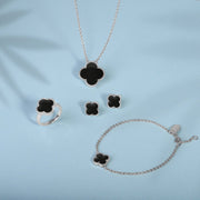 Sterling Silver Whitby Jet Bloom Large Four Leaf Clover Ball Edge Chain Necklet, N1043