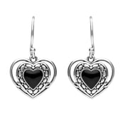 Sterling Silver Whitby Jet Heart in Heart Drop Hook Earrings E1951