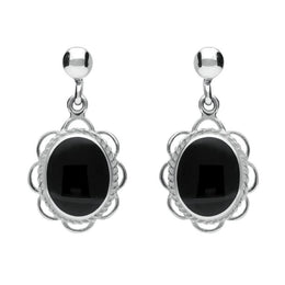 Sterling Silver Whitby Jet Large Oval Rope Frill Drop Earrings E080