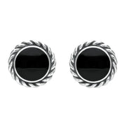 Sterling Silver Whitby Jet Large Rope Edge Round Stud Earrings E115
