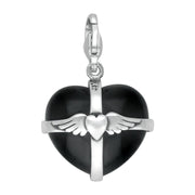 Sterling Silver Whitby Jet Large Winged Cross Heart Charm G583