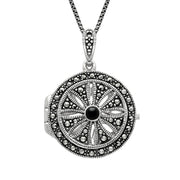 Sterling Silver Whitby Jet Marcasite Arc Deco Circles Locket Necklace P2145