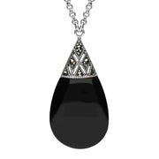 Sterling Silver Whitby Jet Marcasite Capped Pear Drop Necklace N944