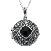 Sterling Silver Whitby Jet Marcasite Cushion Patterned Locket, P2148.