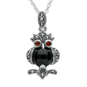 Sterling Silver Whitby Jet Marcasite Garnet Owl Necklace, P2980.