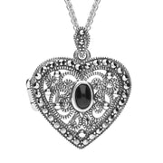 Sterling Silver Whitby Jet Marcasite Heart Locket Necklace P2151
