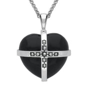 Sterling Silver Whitby Jet Marcasite Large Cross Heart Necklace, P2261.
