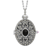 Sterling Silver Whitby Jet Marcasite Large Oval Flower Edge Locket Necklace, P2221