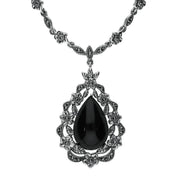 Sterling Silver Whitby Jet Marcasite Pear Cut Floral Necklace, N999.