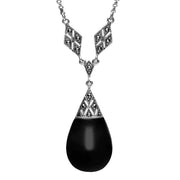 Sterling Silver Whitby Jet Marcasite Pear Drop Necklace, N894.
