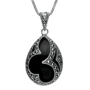 Sterling Silver Whitby Jet Marcasite Pear Drop Necklace, P2130. 