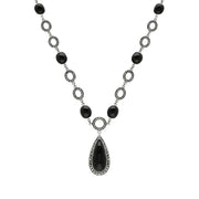 Sterling Silver Whitby Jet Marcasite Pear Drop Oval Chain Necklace, N915.