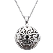 Sterling Silver Whitby Jet Marcasite Round Floral Locket Necklace P2150