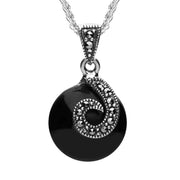 Sterling Silver Whitby Jet Marcasite Round Spiral Necklace, P2126.