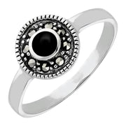 Sterling Silver Whitby Jet Marcasite Beaded Edge Ring, R747.