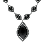 Sterling Silver Whitby Jet Marcasite Seventeen Pear Drop Necklace, N1000.