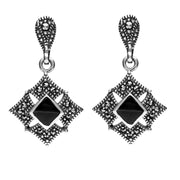 Sterling Silver Whitby Jet Marcasite Square Centred Drop Stud Earrings E1644