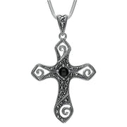 Sterling Silver Whitby Jet Marcasite Swirl Cross Necklace, P2132.