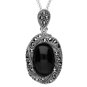 Sterling Silver Whitby Jet Marcasite Twisted Edge Necklace, P2141.