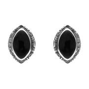 Sterling Silver Whitby Jet Marquise Beaded Edge Stud Earrings. E136. 