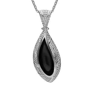 Sterling Silver Whitby Jet Marquise Shape Beaded Edge Necklace, P2088.