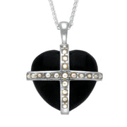 Sterling Silver Whitby Jet Nineteen Pearl Large Cross Heart Necklace P2155