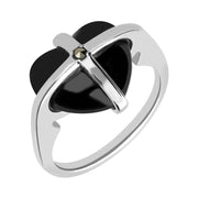 Sterling Silver Whitby Jet One Marcasite Small Cross Heart Ring R979