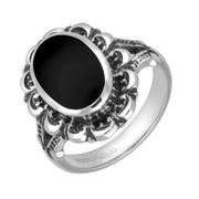 Sterling Silver Whitby Jet Oval Antique Frame Ring. R111.