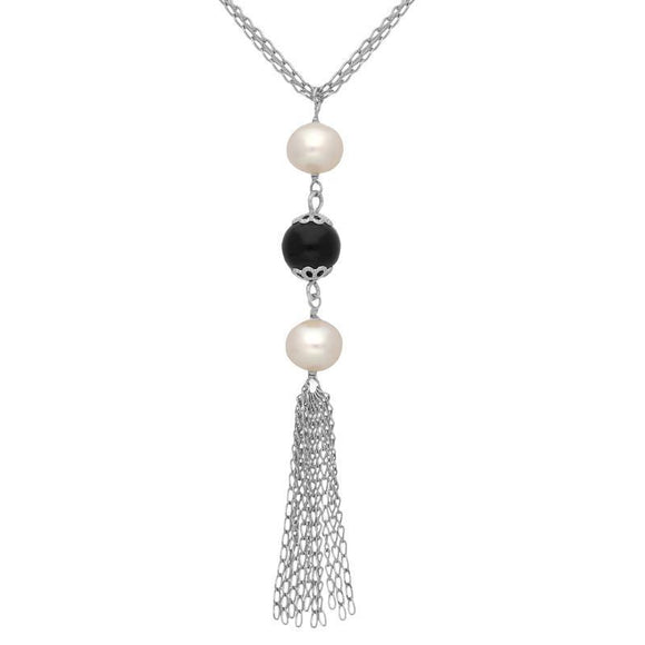 Sterling Silver Whitby Jet Pearl Triple Bead Tassel Necklace. N890.