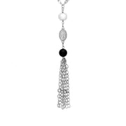 Sterling Silver Whitby Jet Pearl Two Stone Tassel Necklace D
