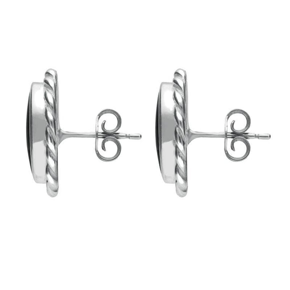Sterling Silver Whitby Jet Rope Edge Oval Stud Earrings. E289.