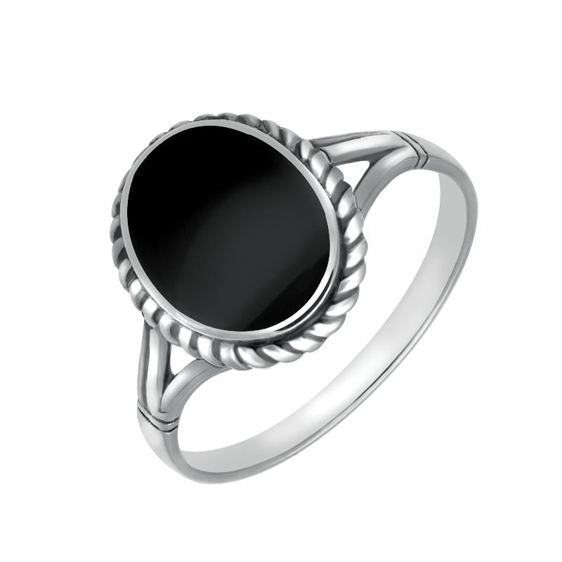 Sterling Silver Whitby Jet Oval Rope Edge Ring