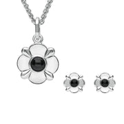 Sterling Silver Whitby Jet Round Four Petal Flower Two Piece Set. S028