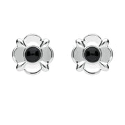 Sterling Silver Whitby Jet Round Four Petal Flower Two Piece Set. S028