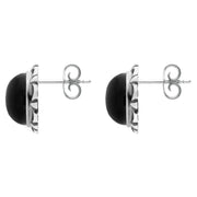 Sterling Silver Whitby Jet Round Frill Edge Stud Earrings. e1099.