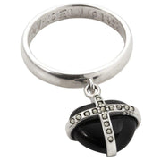 Sterling Silver Whitby Jet Seventeen Marcasite Small Cross Heart Dropper Ring R983