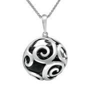 Sterling Silver Whitby Jet Swirl Cage Bead Ball Necklace. P2313.