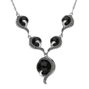 Sterling Silver Whitby Jet and Marcasite 5 Stone Swirl Necklace. N994