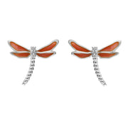 Sterling Silver White Sapphire Red Enamel House Style Dragonfly Stud Earrings E2225