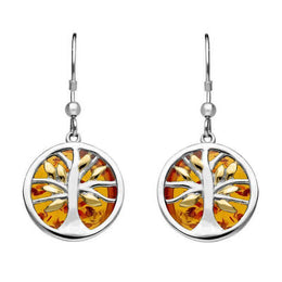 Sterling Silver Yellow Gold Plated Amber Large Round Tree of Life Two Piece Set S063