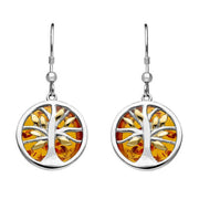 Sterling Silver Yellow Gold Plate Amber Round Tree of Life Drop Earrings E2485