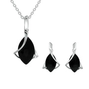 Sterling Silver Whitby Jet Marquise Open twist Edge Two Piece Set