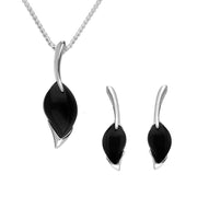 C W Sellors Sterling Silver Whitby Jet Marquise Wave Top Two Piece Set