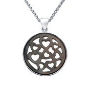 00151390 C W Sellors Silver Dark Mother of Pearl Small Heart Cut Out Round Necklace, P3168.
