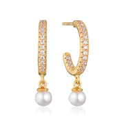 Sif Jakobs Ellera 18ct Gold Plated Sterling Silver White Zirconia Freshwater Pearl Hoop Earrings, SJ-E12280-CZ-SG